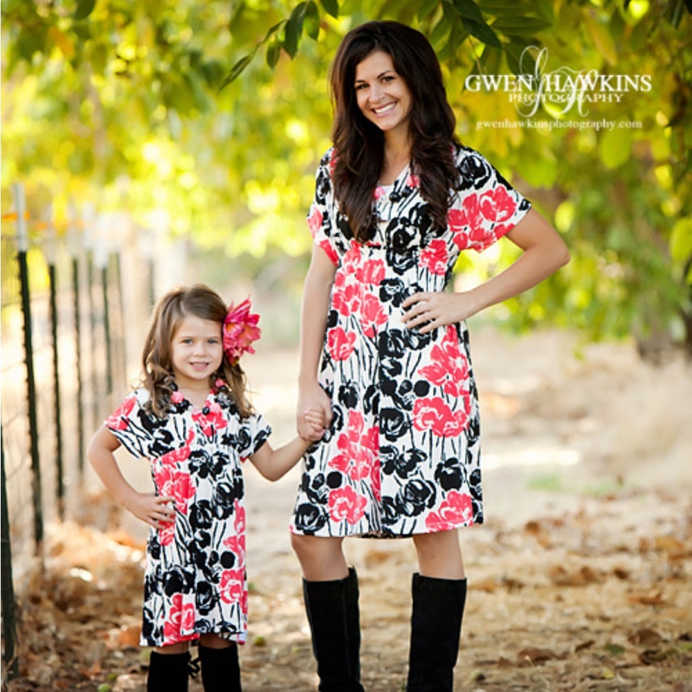 Girls Floral coral black white Dress Tropical resort wear